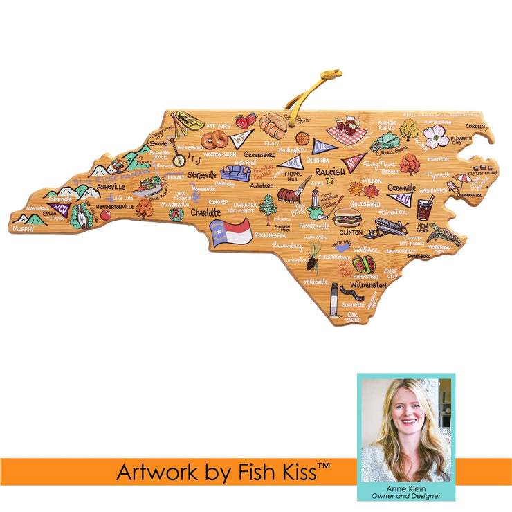 North Carolina State Shaped Cutting and Serving Board with Artwork by Fish Kiss™