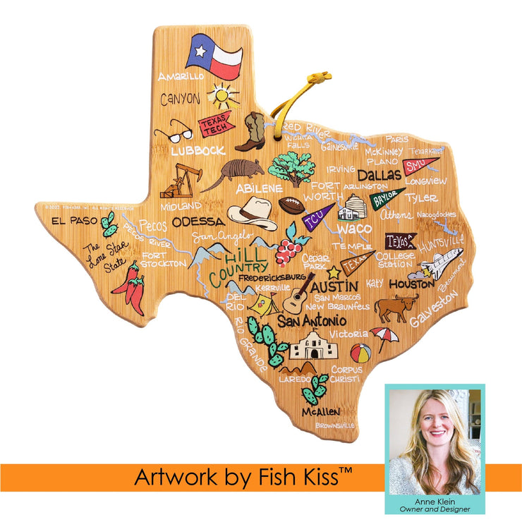 Texas State Shaped Cutting and Serving Board with Artwork by Fish Kiss™